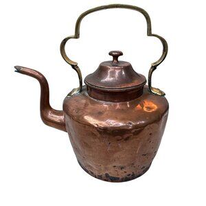 Antique Handcrafted Copper & Brass Kettle Hammered Goose Neck Lid Fireside VTG